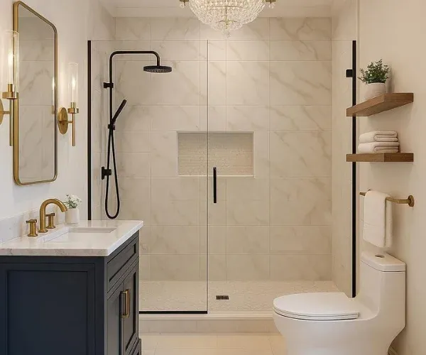 Custom shower remodel with a frameless glass door, a recessed niche and a black rainfall showerhead
