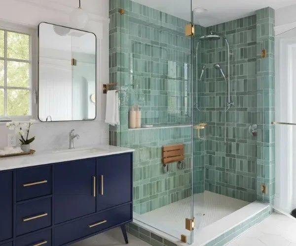 Green tile corner shower with a fold-down teak seat next to a navy vanity