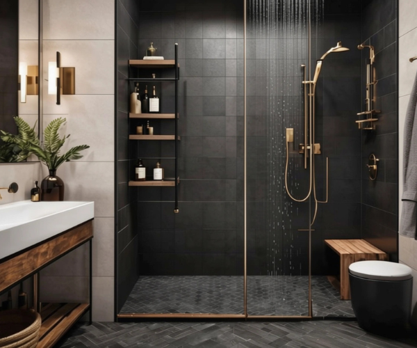 Modern bathroom remodel in Wilmington, NC featuring a black tile walk-in shower with gold fixtures, built-in shelving, and a wood shower bench.